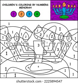 Children's coloring by numbers, menorahs. educational game for a child. teaching colors and numbers.