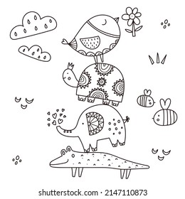 Children's coloring  card with cute animals. Funny  illustration.