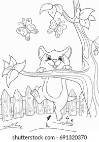 Childrens coloring cartoon animal friends in nature. Kitten and cat. For adults vector illustration. Anti-stress for adult. Black and white lines