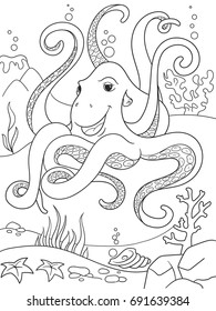 Childrens coloring cartoon animal friends in nature. Underwater world, octopus on the ocean floor. Anti-stress for adult. Black and white lines