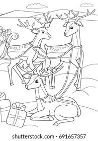 Childrens coloring cartoon animal friends in nature. Santa claus on the north pole next to sleighs and magical deer. Anti-stress for adult. Black and white lines