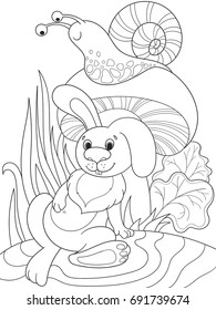 Childrens coloring cartoon animal friends in nature. Rabbit under a mushroom and snail. Anti-stress for adult. Black and white lines