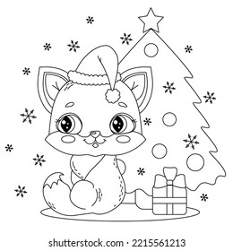 Children's coloring cat near the Christmas tree.