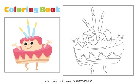 Children's coloring cute birthday cake with candles fun dancing. Coloring page for children aged 4-8 in kindergarten and elementary school. Illustration and black and white outline.