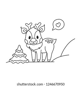 children's coloring deer with Christmas tree, children's magazine, Christmas, naive Doodle style, black and white, lines