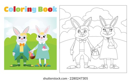 Children's coloring Easter bunnies dressed in a suit and a dress stands on green grass. Coloring page for children ages 4-11 in kindergarten and elementary school. Illustration black and white outline