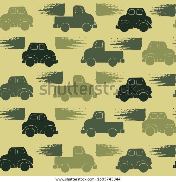\
Children\'s coloring for\
fabric or wallpaper with cars. Modern uniform for children.\
Camouflage colors. Seamless texture. Green, khaki colors. Vector\
fabric, textile\
print.