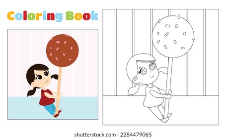 Children's coloring girl with big candy pop. Coloring page for children ages 4-11 in kindergarten and elementary school. Illustration and black and white outline.