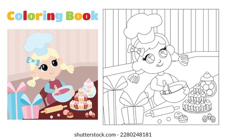 Niña de color con sombrero de chef elabora postre. Página de coloreado para niños de 4 a 8 años de edad en jardines de infancia y escuela primaria. Ilustración y contorno en blanco y negro.