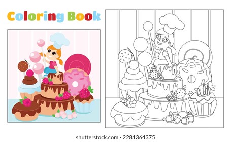 Children's coloring girl in a chef's hat sits near sweets, lollipops and a cake. Coloring page for children ages 4-11 in kindergarten and elementary school. Illustration and black and white outline.