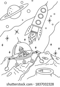 
Children's coloring with the image of a rocket in space.