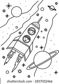 
Children's coloring with the image of a rocket in space.