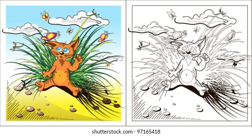 Children's coloring. The kitten is playing with butterflies.