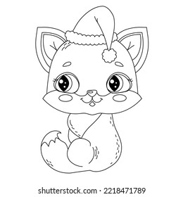 Children's coloring kitty Christmas sitting in a Santa hat.