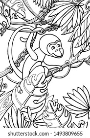 Children's coloring. Monkey on a branch among exotic plants.