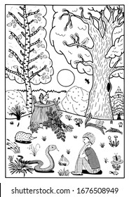 Children's coloring on the theme "Meeting the boy and the snake in the forest."
