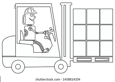 Children's coloring on topic of use of robots and RPA.  Cyborg in helmet is driving fork picker. Black-white. Vector. Part of set.