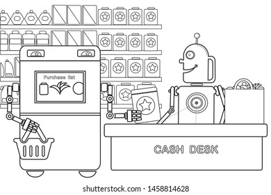 Children's coloring on topic of use of robots and RPA. Black-white. Vector. Part of set. Cyborg seller in retail shop on cash desk.