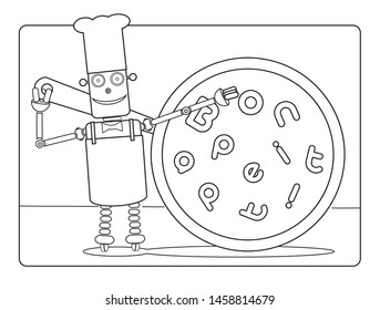 Children's coloring on topic of use of robots and RPA. Cyborg chef with big pan. Black-white. Vector. Part of set.