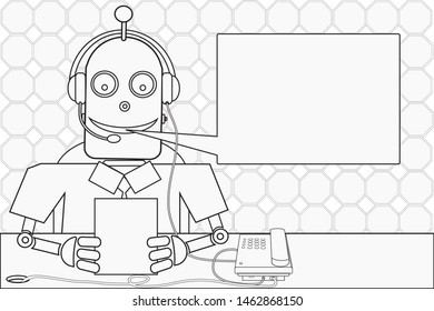 Children's coloring on topic of use of robots and RPA. Black-white. Vector. Part of set. Cyborg is speaking by phone via handsfree.