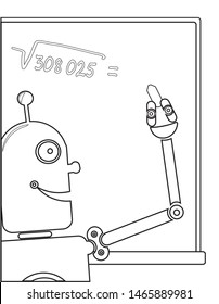  Children's coloring on topic of use of robots and RPA. Black-white. Vector. Part of set.  Retro cyborg like teacher calculates on the school black board. Vertical.