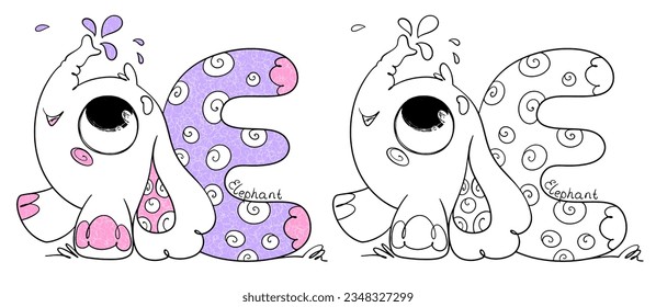 Children's coloring page alphabet - Letter E - Cheerful Elephant plays with Water. ABC coloring book for kids with cute animals. Line doodle illustration in color and black and white.