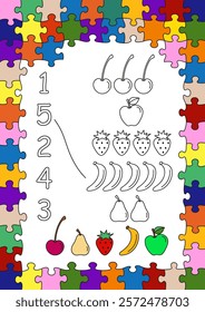 Children's coloring page. Count the fruits and color them. Vector illustration.