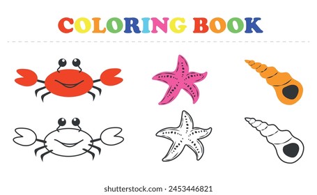 Children's coloring page crab, starfish, shell. Children's coloring page of sea creatures. Vector illustration of a training page, printable, eps 10