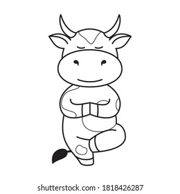 Children's coloring page with cute bulls, cows and oxen. The ox is a meditating  symbol of the year 2021 according to the Chinese or Eastern calendar. Ready-to-print vector stock illustration isolated on a white 
