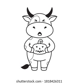 Children's coloring page with cute bulls, cows and oxen. The ox is a holding pumpkin symbol of the year 2021 according to the Chinese or Eastern calendar. Ready-to-print vector stock illustration isolated on a white 