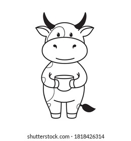Children's coloring page with cute bulls, cows and oxen. The ox is a holding cup symbol of the year 2021 according to the Chinese or Eastern calendar. Ready-to-print vector stock illustration isolated on a white 