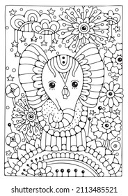 Children's coloring page. A cute cartoon elephant stands in a flower garden.