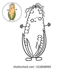 Children's coloring page with cute corn cob character. Linear vector drawing in black on white isolate.