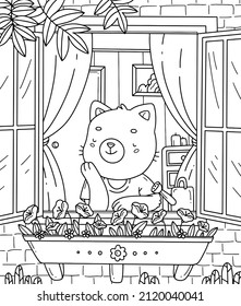 Children's coloring page with cute kitten sitting by the window. Coloring book with a dreaming kitten. Vector design coloring illustration.