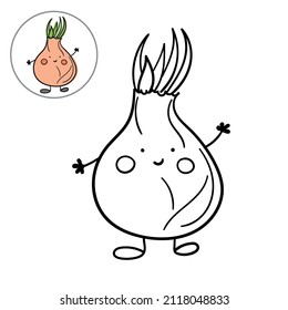 Children's coloring page with cute onion character. Linear vector drawing black on white isolate.