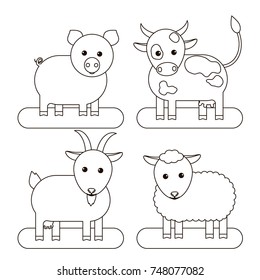 Children's coloring page design. Livestock: cow, pig, goat and sheep. Vector illustration. Flat style.