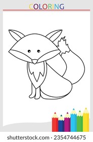 Children's coloring page fox red sly blank line drawing in a frame with pencils vector illustration