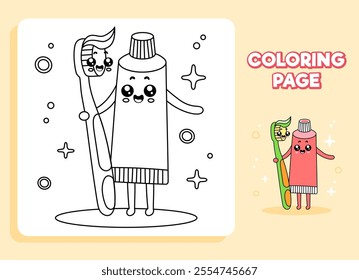 Children's coloring page on the topic of hygiene. Drawing of a toothbrush with toothpaste standing in an embrace. Cute illustration in cartoon style.