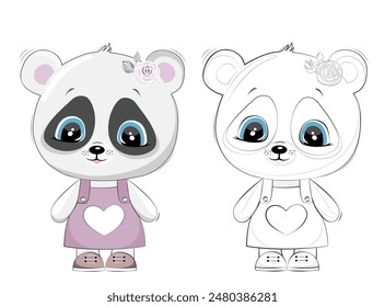 Children's coloring page with a panda. Vector panda girl. Cute cartoon character. Outline black and white image.