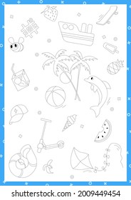 Children's coloring page for preschool children. Set of summer holiday and fruit drawings. Can be used in a book, magazine.