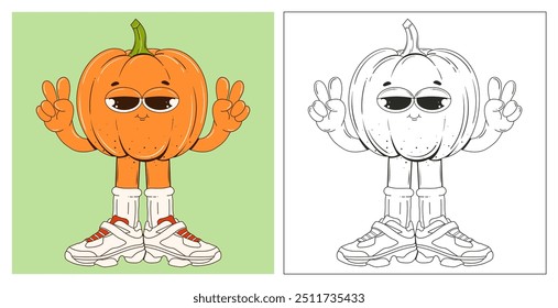 Dibujo para colorear para niños de un personaje de calabaza con ojos, brazos y piernas en estilo groovy. Ilustración para Acción de Gracias, Halloween. Una calabaza lineal peculiar en zapatillas de deporte. Personaje de estilo de dibujos animados