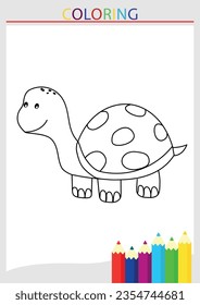 Children's coloring page turtle shell blank line drawing in a frame with pencils vector illustration