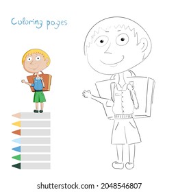 Children's coloring pages.Little boy with a backpack.Vector design, children's and school themes.