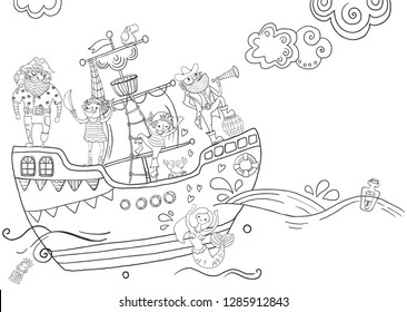Children's coloring - pirates, different characters, harsh and funny, black and white illustration, floating  the sea on a ship