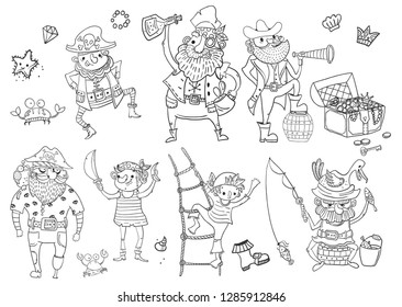 Children's coloring - pirates, different characters, harsh and funny, black and white illustration