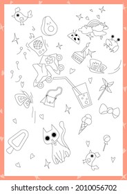 Children's coloring for preschoolers. Set for girls, rollers, cat, butterflies, ice cream. Can be used in a book, magazine.