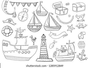 Children's Coloring, Sea pirate set: boats, lighthouse, chests and other cute baby pictures