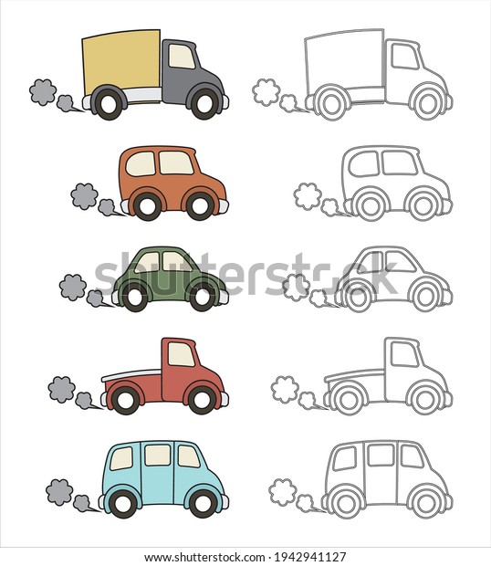 children\'s coloring, set of drawn cars on a\
white background, vector\
illustration