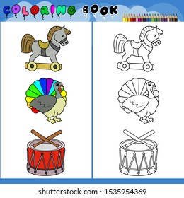 children's coloring set of drums, horse, turkey. Vector illustration. coloring book