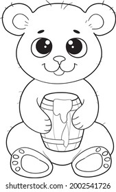 children's coloring teddy bear sitting in an embrace with a barrel of honey